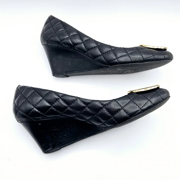 Tory Burch Black Quilted Wedges with Gold Logo - Picture 2 of 15